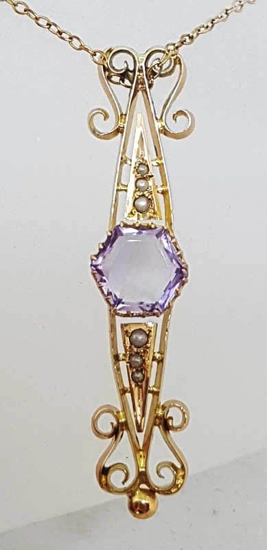 14ct Yellow Gold Amethyst & Seedpearl Long Pendant on 9ct Gold Chain - Antique / Vintage