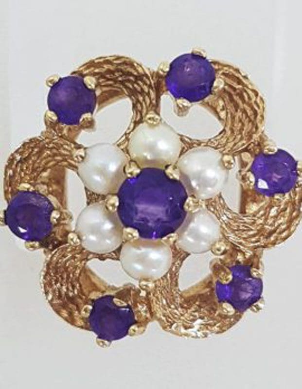 9ct Yellow Gold Amethyst Seedpearl Large Cluster Ring - Antique / Vintage