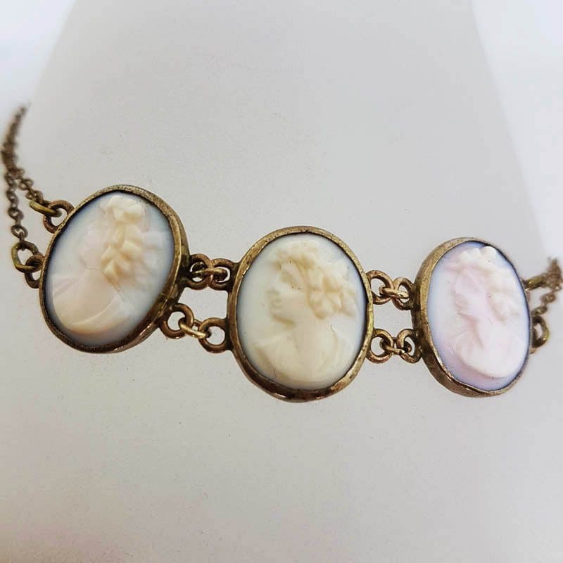 Gold Lined Pink Shell Lady Cameo Bracelet - Antique / Vintage - Vintage Costume Jewellery