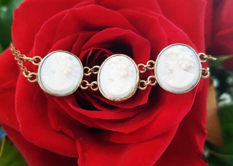 Gold Lined Pink Shell Lady Cameo Bracelet - Antique / Vintage - Vintage Costume Jewellery