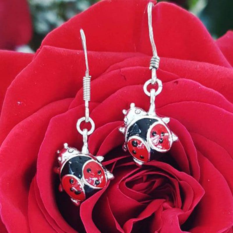 Sterling Silver and Red Enamel Ladybird / Ladybug Drop Earrings