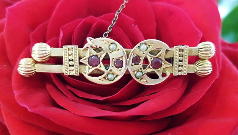 9ct Yellow Gold Ruby and Seedpearl Double Star and Crescent Moon Bar Brooch – Antique / Vintage