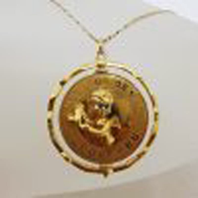 14ct Yellow Gold Very Large Round Spinner Pendant with Saying " Angel or Devil - I love you " comes on Gold Chain