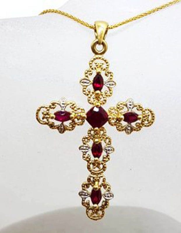 9ct Yellow Gold Ornate Filigree with Created Ruby Cross / Crucifix Pendant on Gold Chain