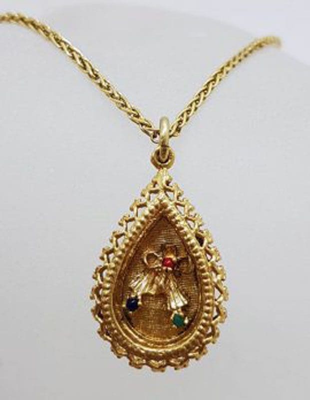 9ct Yellow Gold Round Multi-Colour Gems in Ornate Teardrop / Pear Shape Pendant on Gold Chain – Antique / Vintage