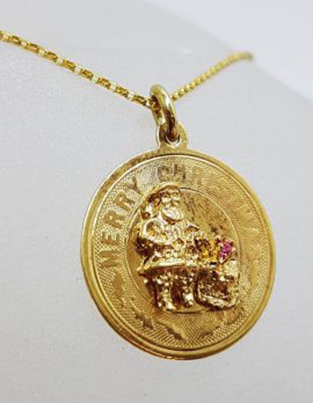 9ct Yellow Gold Round Merry Christmas with Gems Pendant on Gold Chain - Santa Claus / Father Christmas with Bag of Gifts