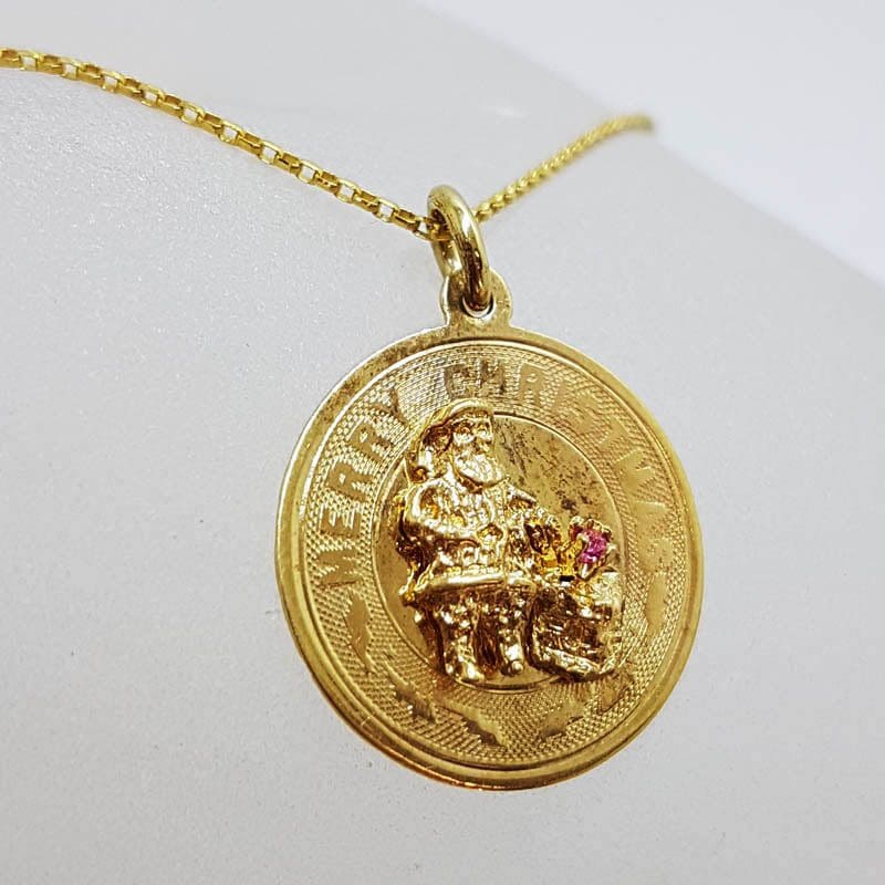 20210525_204712 9ct Yellow Gold Round Merry Christmas with Gems Pendant on Gold Chain - Santa Claus / Father Christmas with Bag of Gifts