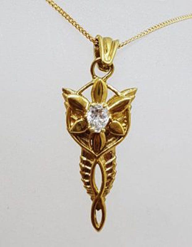 9ct Yellow Gold with Cubic Zirconia Lord of the Rings Evenstar Pendant on Gold Chain