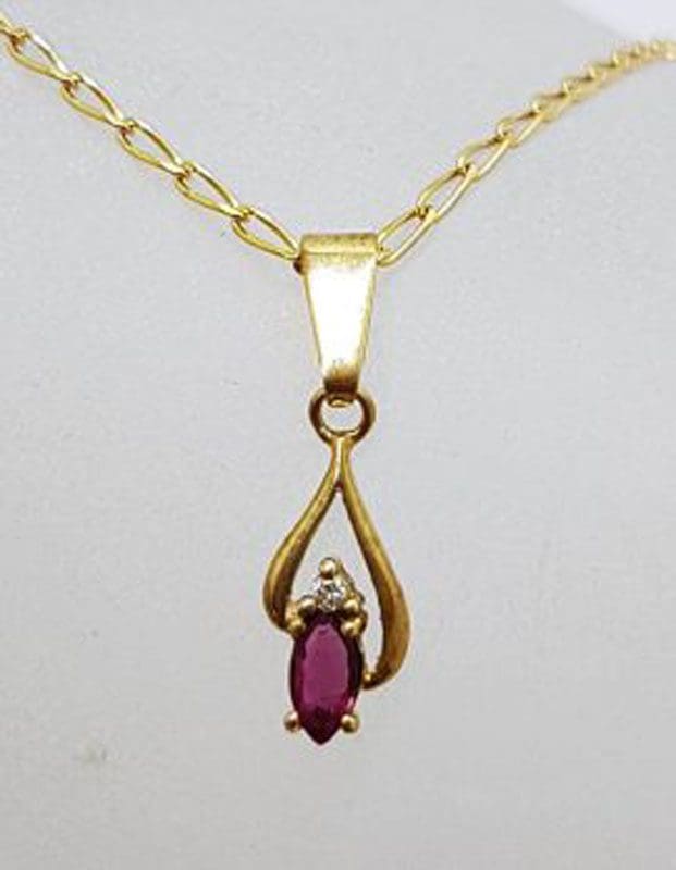 9ct Yellow Gold Oval Dainty Marquis Garnet with Diamond Pendant on Gold Chain