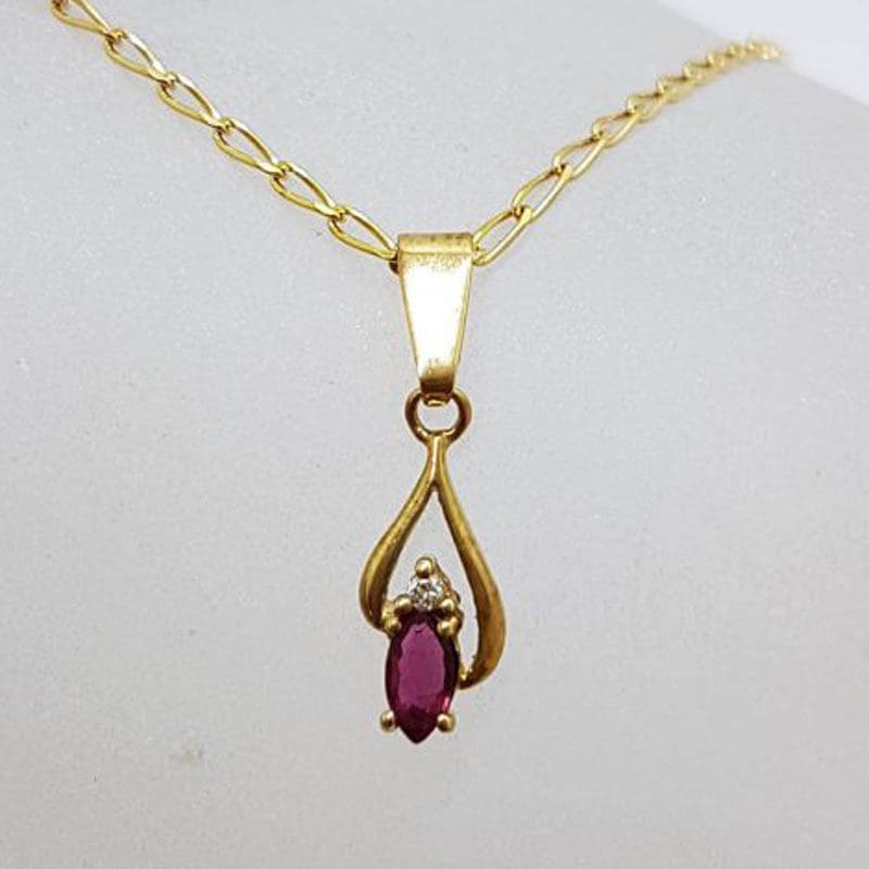 9ct Yellow Gold Oval Dainty Marquis Garnet with Diamond Pendant on Gold Chain