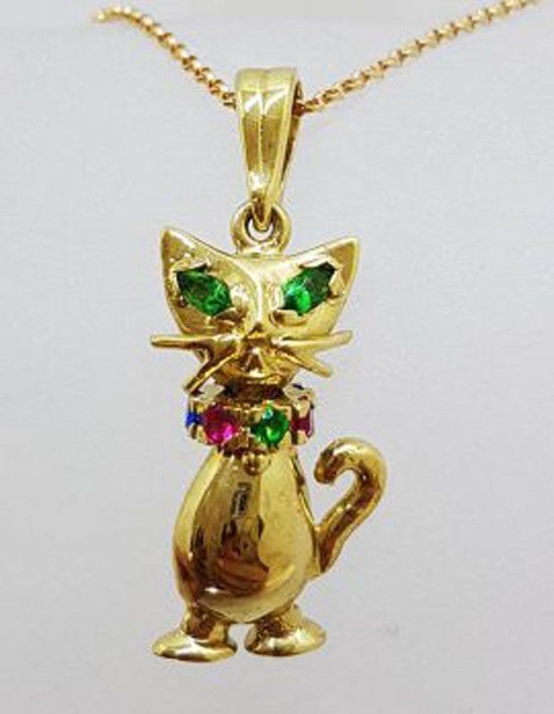 9ct Yellow Gold Multi-Coloured Stone Jointed Harlequin Cat Pendant on Gold Chain