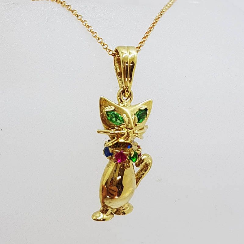 9ct Yellow Gold Multi-Coloured Stone Jointed Harlequin Cat Pendant on Gold Chain