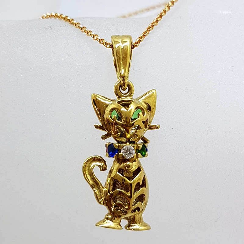 9ct Yellow Gold Multi-Coloured Stone Jointed Harlequin Cat Pendant on Gold Chain