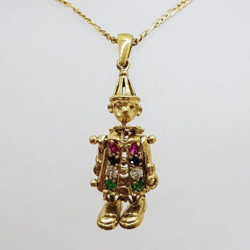 9ct Yellow Gold Multi-Coloured Stone Jointed Harlequin Clown Pendant on Gold Chain