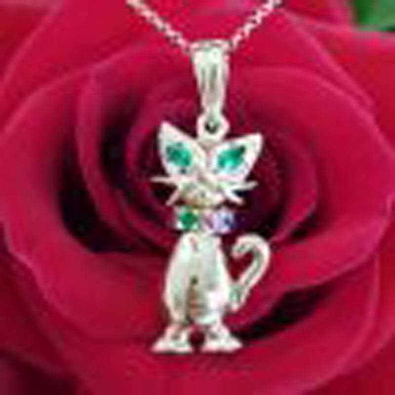 9ct Yellow Gold Multi-Coloured Stone Jointed Harlequin Cat Pendant on Gold Chain