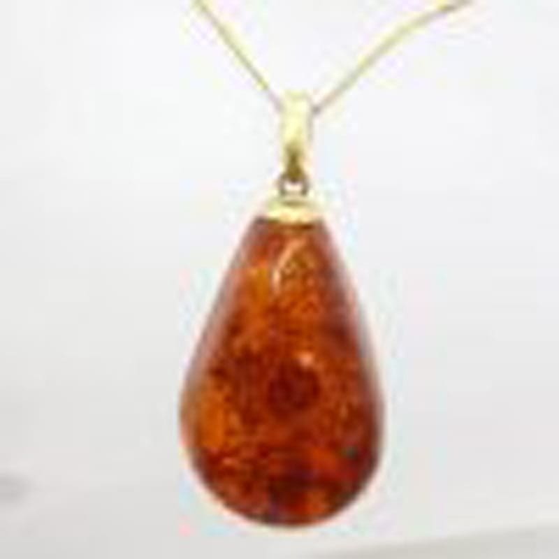 14ct Yellow Gold Large Teardrop Shape Natural Amber Pendant on 9ct Gold Chain
