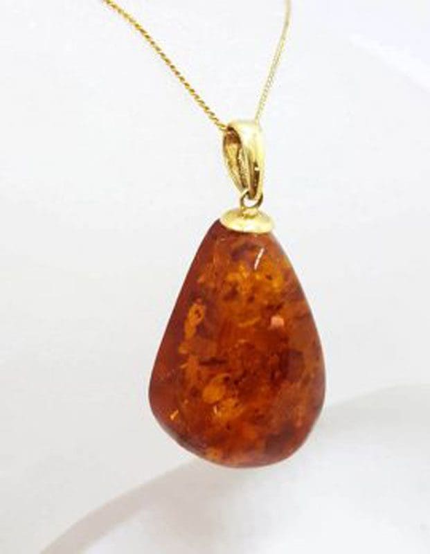 14ct Yellow Gold Large Teardrop Shape Natural Amber Pendant on 9ct Gold Chain