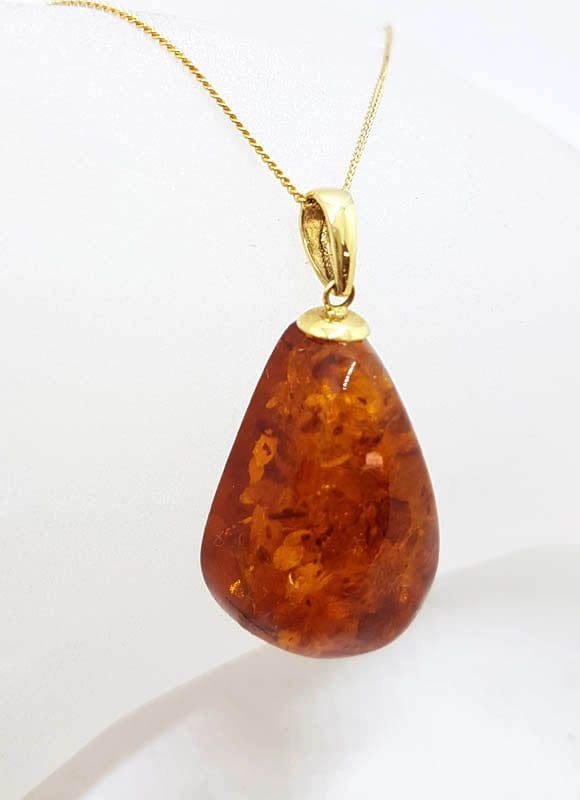 14ct Yellow Gold Large Teardrop Shape Natural Amber Pendant on 9ct Gold Chain