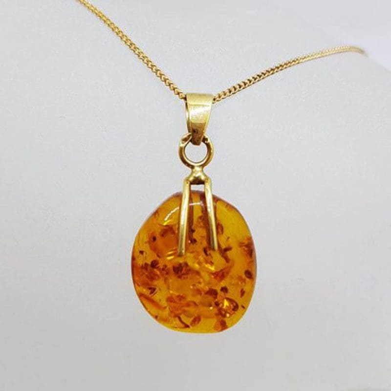 14ct Yellow Gold Natural Amber Pendant on 9ct Chain