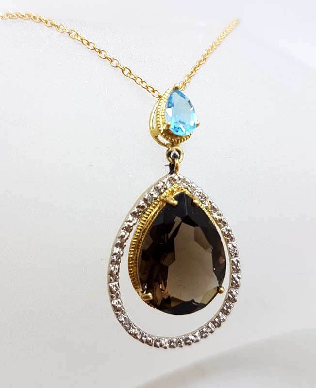 20210525_205806 9ct Yellow Gold Large Teardrop / Pear Shape Smokey Quartz with Topaz and Diamonds Pendant on 9ct Chain