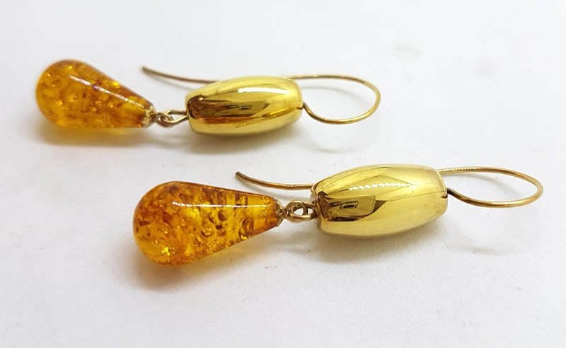 18ct Yellow Gold Natural Baltic Amber Long Drop Earrings