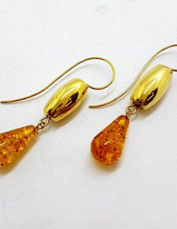 18ct Yellow Gold Natural Baltic Amber Long Drop Earrings