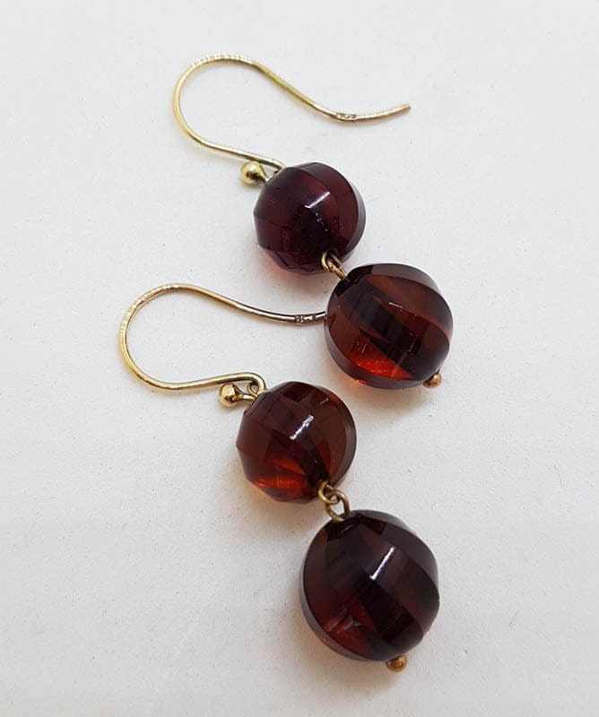 9ct Yellow Gold Natural Baltic Amber Long Ball Drop Earrings