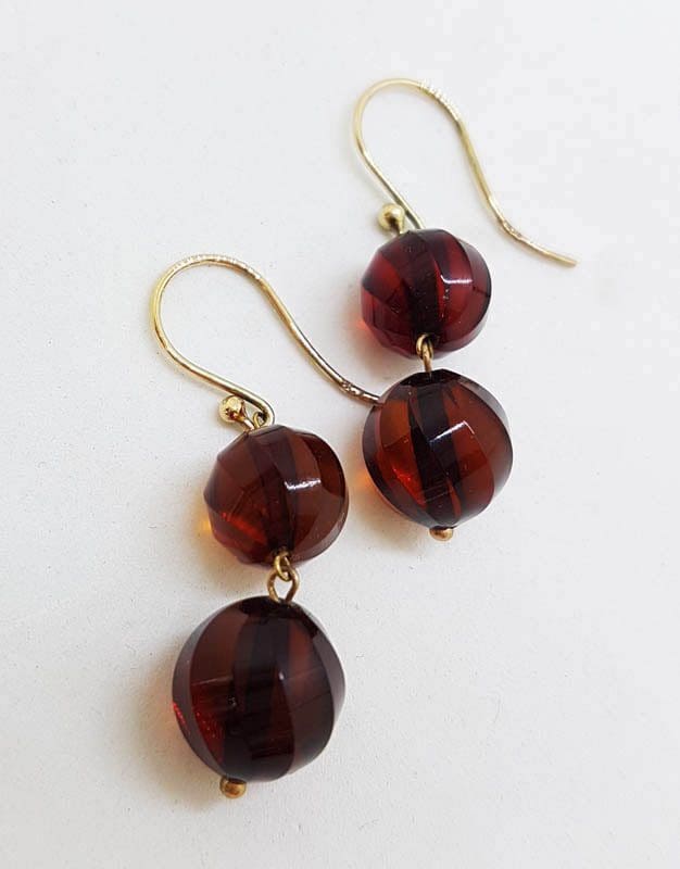 9ct Yellow Gold Natural Baltic Amber Long Ball Drop Earrings
