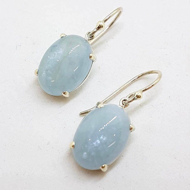 Sterling Silver Oval Claw Set Cabochon Cut Aquamarine Drop Earrings