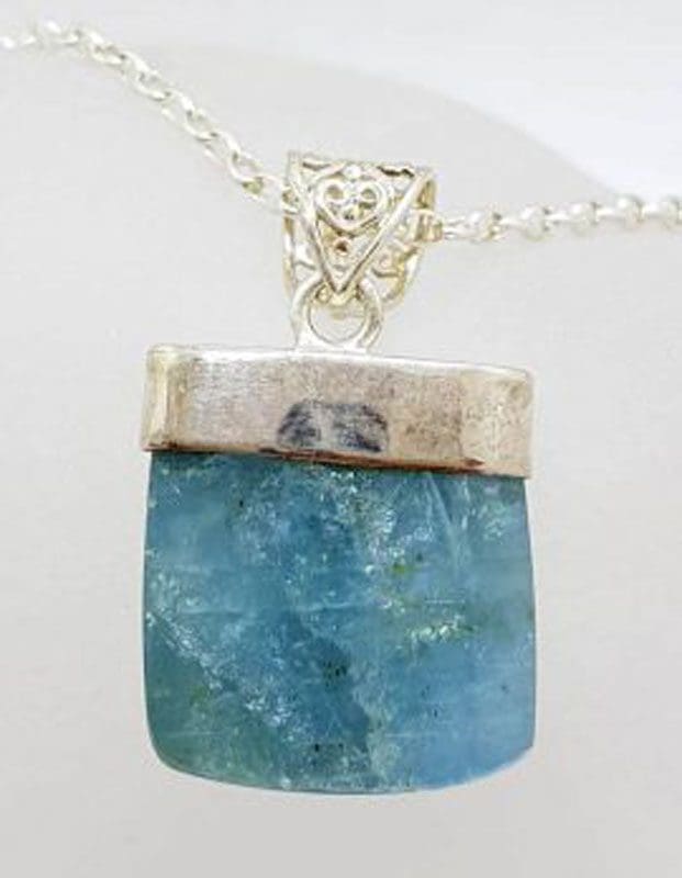Sterling Silver Large Aquamarine Chunk Pendant on Silver Chain