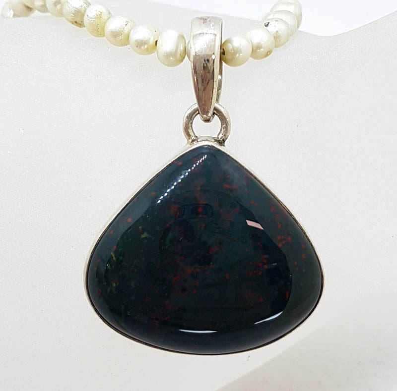 Sterling Silver Large Teardrop Shape Bloodstone Pendant on Pearl Necklace