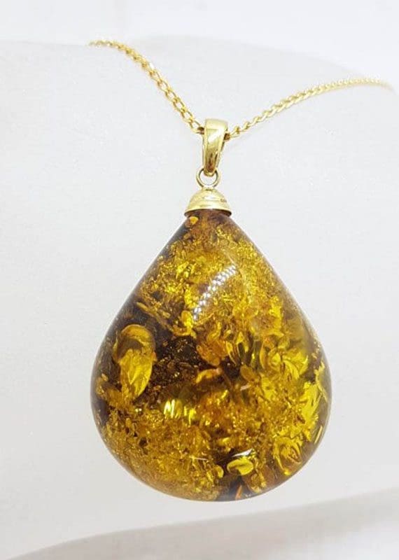 9ct Yellow Gold Large Teardrop Shape Natural Amber Pendant on 9ct Chain