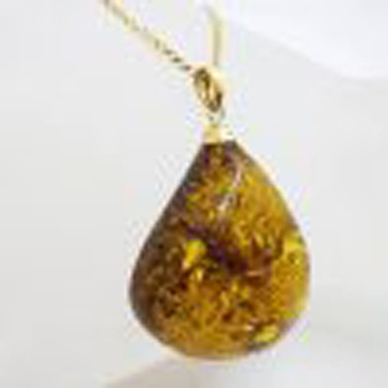 9ct Yellow Gold Large Teardrop Shape Natural Amber Pendant on 9ct Chain