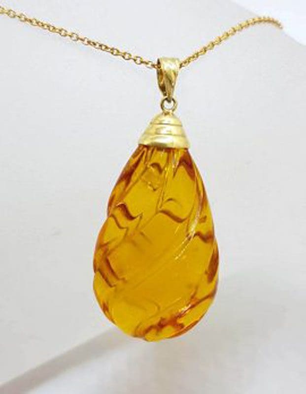 14ct Yellow Gold Carved Drop Natural Baltic Amber Pendant on 9ct Gold Chain