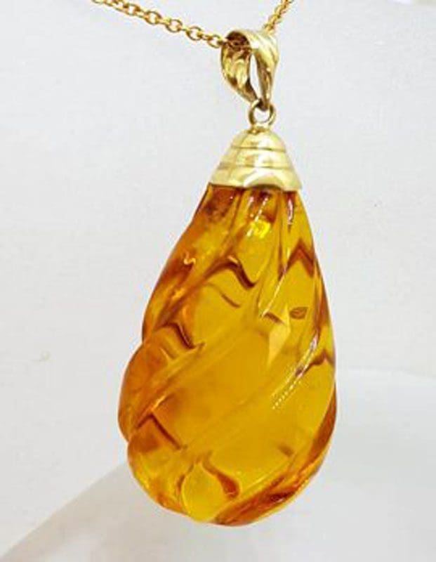 14ct Yellow Gold Carved Drop Natural Baltic Amber Pendant on 9ct Gold Chain