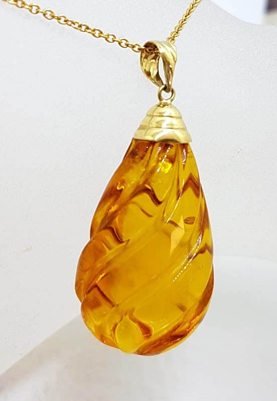 20210525_212743 14ct Yellow Gold Carved Drop Natural Baltic Amber Pendant on 9ct Gold Chain