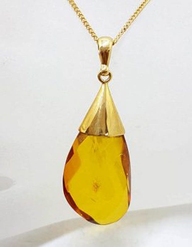 9ct Yellow Gold Faceted Natural Baltic Amber Pendant on 9ct Gold Chain