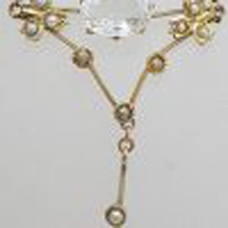 9ct Yellow Gold Aquamarine and Seedpearl Ornate Drop Lavalier Collier Necklace / Chain - Antique / Vintage