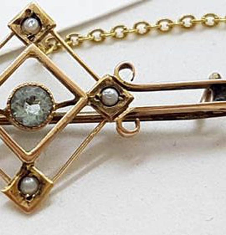 9ct Yellow Gold Aquamarine and Seedpearl Bar Brooch - Antique / Vintage