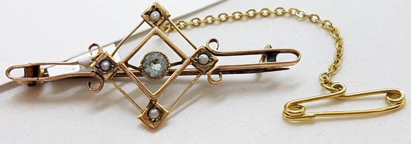 9ct Yellow Gold Aquamarine and Seedpearl Bar Brooch - Antique / Vintage