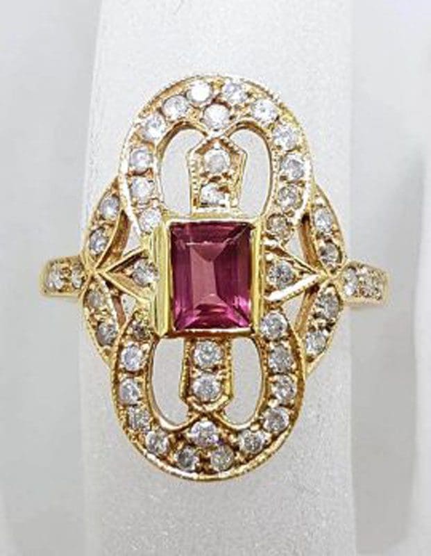 9ct Yellow Gold Ornate Set Rectangular Pink Tourmaline Surrounded by Diamond Ring