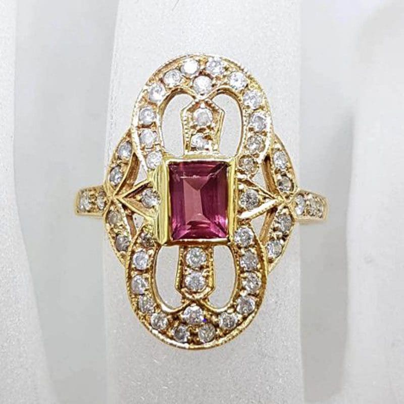 9ct Yellow Gold Ornate Set Rectangular Pink Tourmaline Surrounded by Diamond Ring