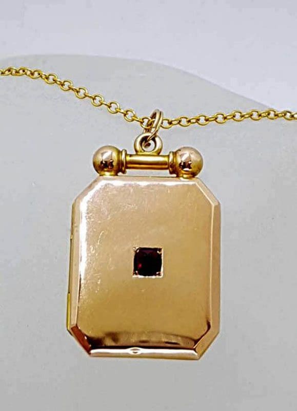 9ct Rose Gold Large Rectangular / Octagonal Locket with Garnet on Gold Chain - Antique / Vintage