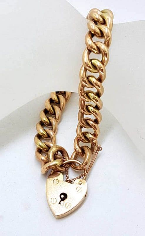 9ct Rose Gold Curb Link Padlock Bracelet - Antique / Vintage