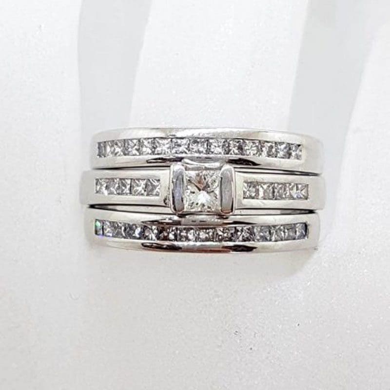 18ct White Gold Princess Cut / Square Cut Diamond Ring Set - Engagement Ring, Wedding Ring and Eternity Ring