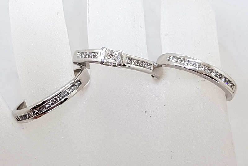 20210525_214259 18ct White Gold Princess Cut / Square Cut Diamond Ring Set - Engagement Ring, Wedding Ring and Eternity Ring