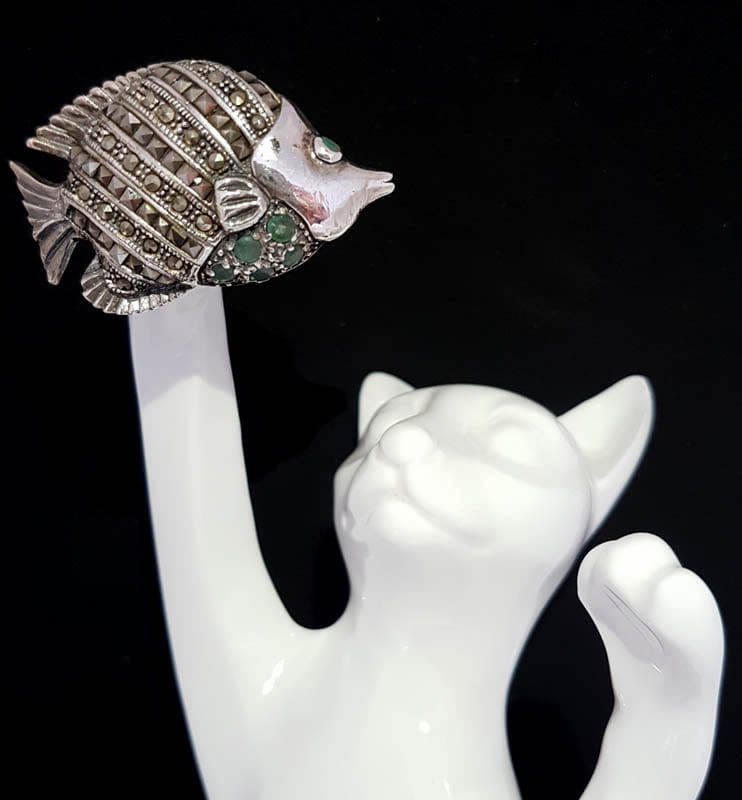 20210525_214820 Sterling Silver Marcasite & Emerald Fish Brooch