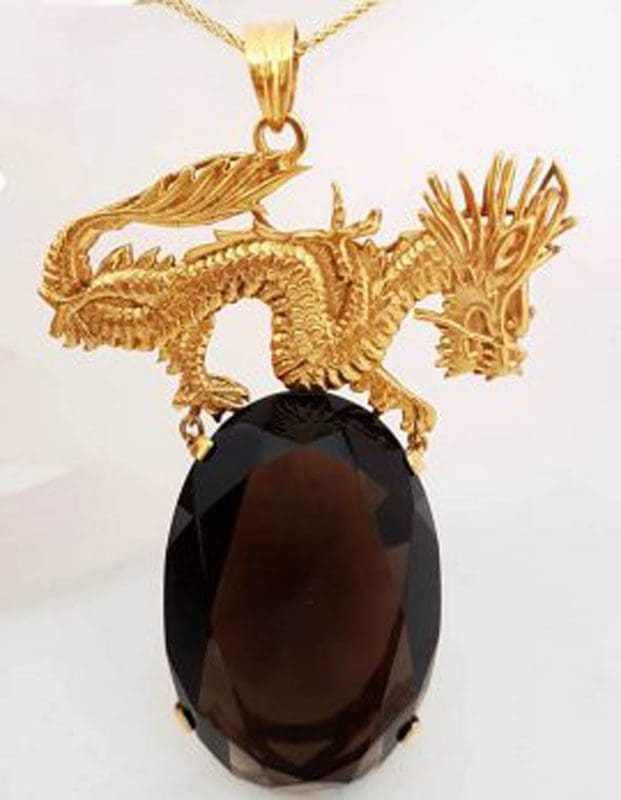 14ct Yellow Gold Large Oval Smokey Quartz Stone on Dragon Pendant with 9ct Gold Chain