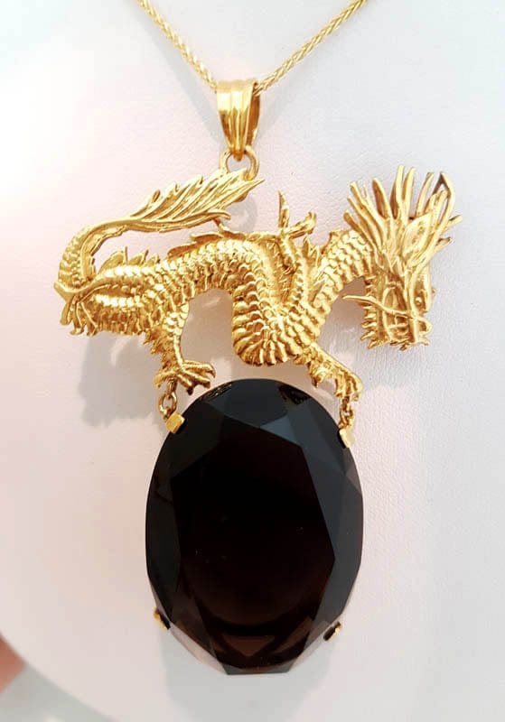 20210525_214905 14ct Yellow Gold Large Oval Smokey Quartz Stone on Dragon Pendant with 9ct Gold Chain