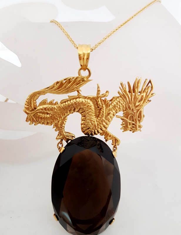 20210525_214926 14ct Yellow Gold Large Oval Smokey Quartz Stone on Dragon Pendant with 9ct Gold Chain